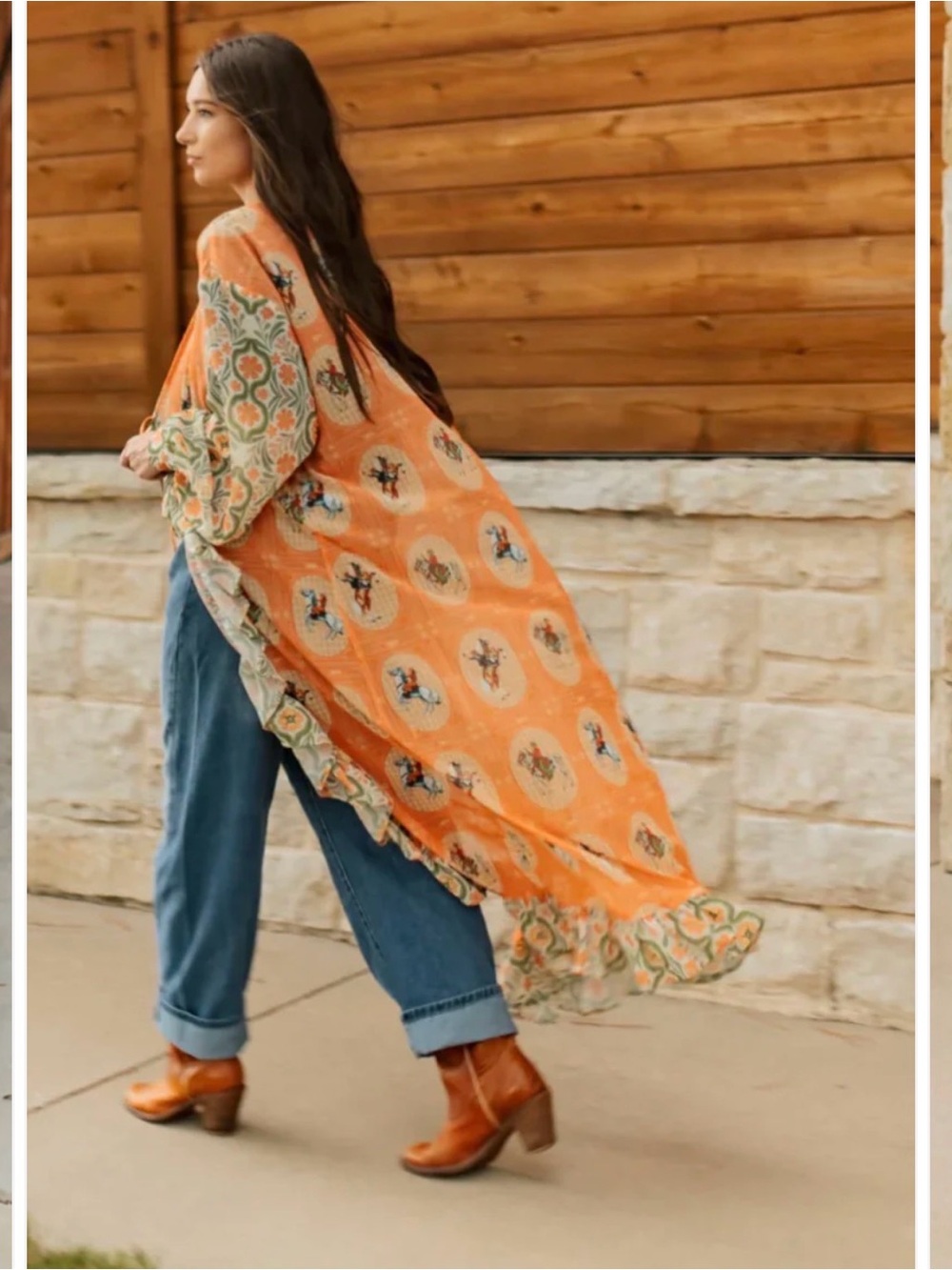 Boho Orange Printed Ruffle Duster Kimono horse western rodeo - Picture 2 of 3